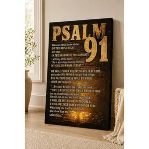 Psalm 91 Golden Scripture Open Bible Dark Wood Grain Canvas Wall Art, Faith Inspirational Verse Painting For Prayer Room Bedroom Living Room Farmhouse Apartment Wall Decor, Available as Unframed Canvas Poster or Framed Canvas Wrap