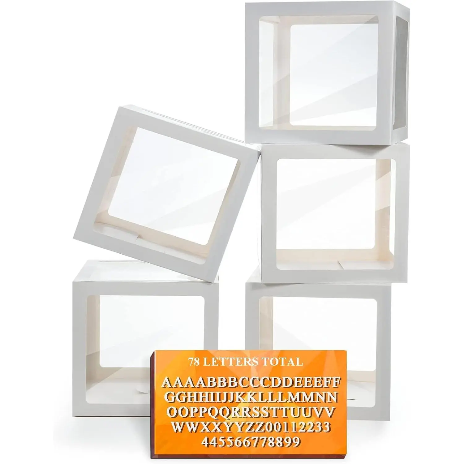 5-Piece Transparent Balloon Box Set with 78 Letters-Numbers for Custom Names, White Balloon Box Blocks Backdrop for Baby Shower, Birthday Party Decor
