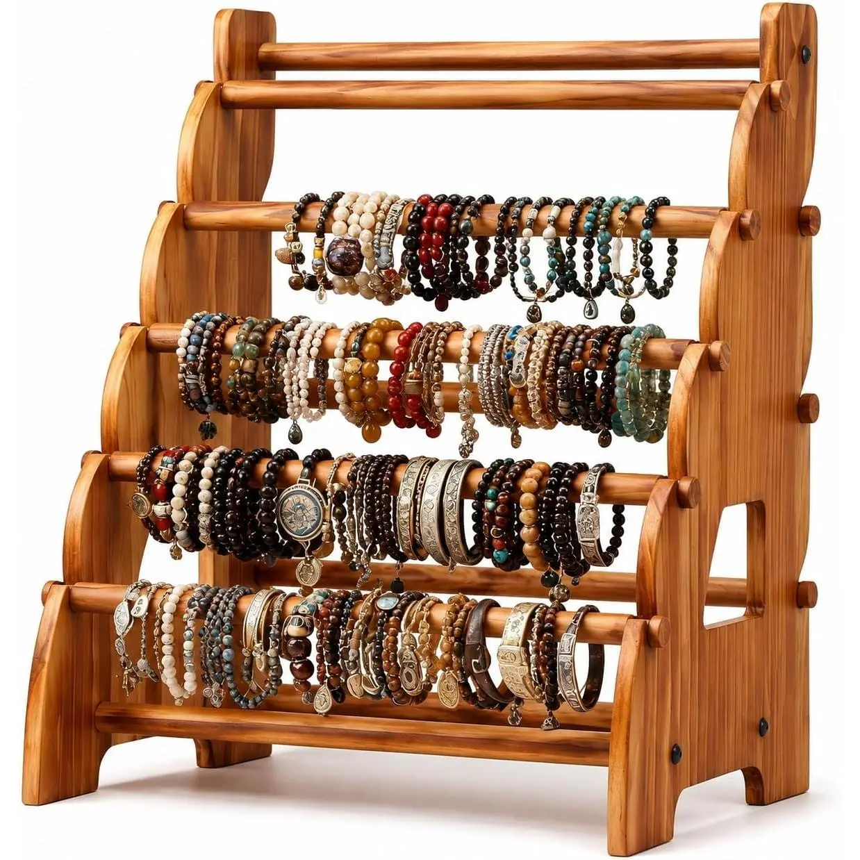 Retro Distressed Wood 8-Tier Rotating Bracelet Holder - Adjustable Portable Organiser (30x25x38 cm) for Retail Shows, Elegant Bangle Display Stand for Vendors