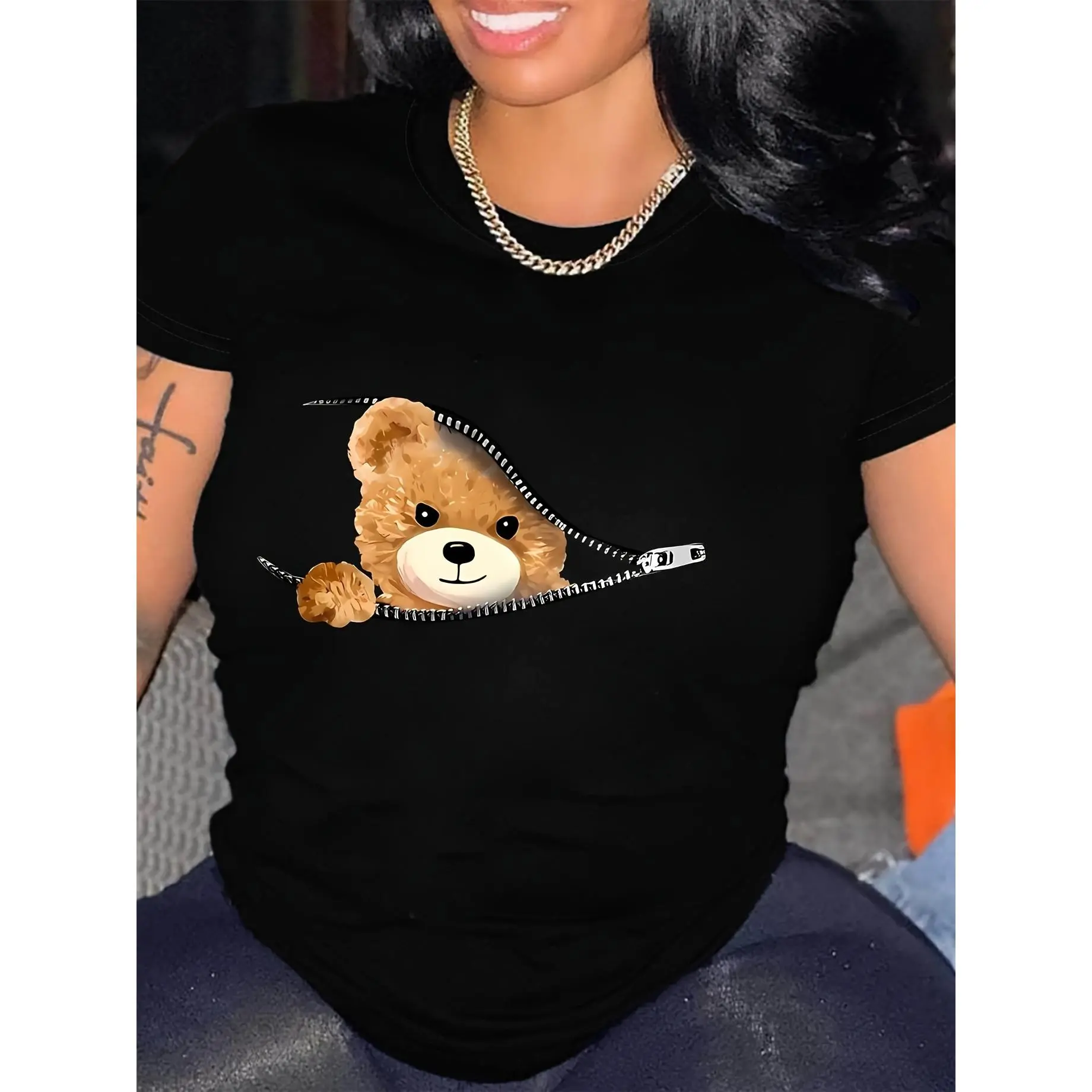 Bear Graphic Print T-shirt, Short Sleeve Crew Neck Casual Top for Summer & Spring, Women's Clothing