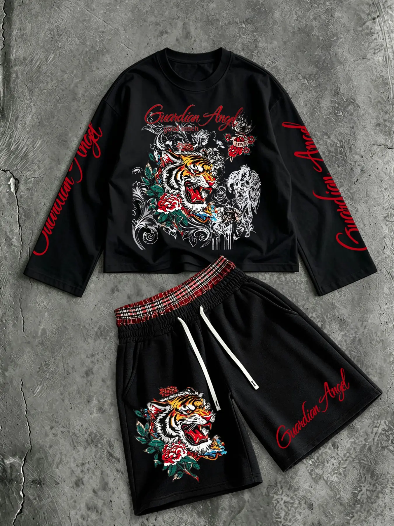 2-Piece Unisex Set, Long Sleeve T-Shirt & Shorts, Street Style Tiger Print, Slim-Fit, Casual Fashion for Spring Summer Fall Streetwear
