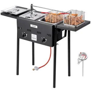 VEVOR Outdoor Propane Deep Fryer, Dual-Tank 8QTx2 Commercial Fryer, Stainless Steel Cooker with Foldable Platform, Dual Basket, and Heat Adjustment, Floor Standing Fryers for Restaurant Home Snack Ba