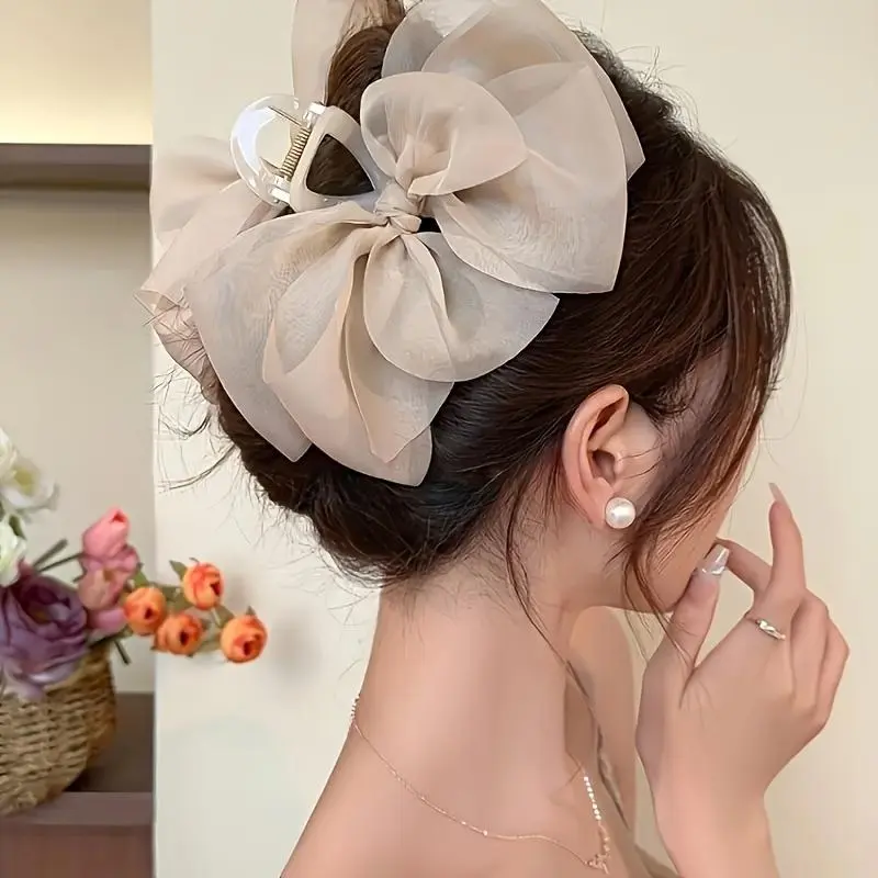 New Korean-style Transparent Hair Claw Clip with Mesh Organza Bow Hair Accessory