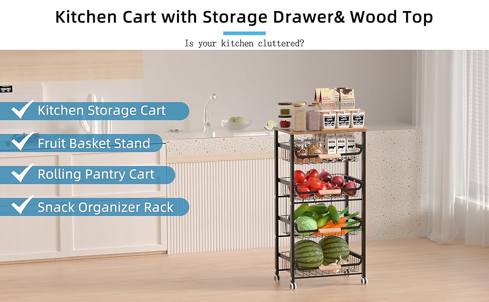 4-Layer Fruit Basket Kitchen Food Organizer and Rack, Stackable Storage Cart with Desktop, Pull-Out Hollow Metal Basket, Sliding Out Storage (Black 4-Layer Rack)
