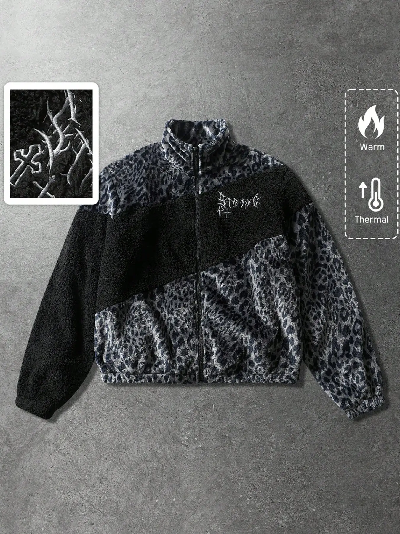 Cropped Stand Collar Plush Spliced Leopard Velvet Jacket Gothic Letter Embroidery Thermal Outerwear For Men Punk Hip Hop Casual Street Fashion