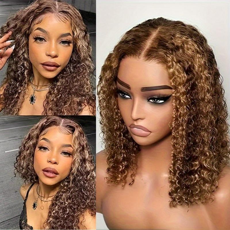 Fashion New Human Hair Bundles Highlight Honey Blonde Curly Bob Wig Human Hair 4/ 27 Ombre Highlight Lace Front Wigs Human Hair 13x4 Lace Short Curly Bob Wig Pre Plucked With Baby Hair 180% Density Wigs For Women