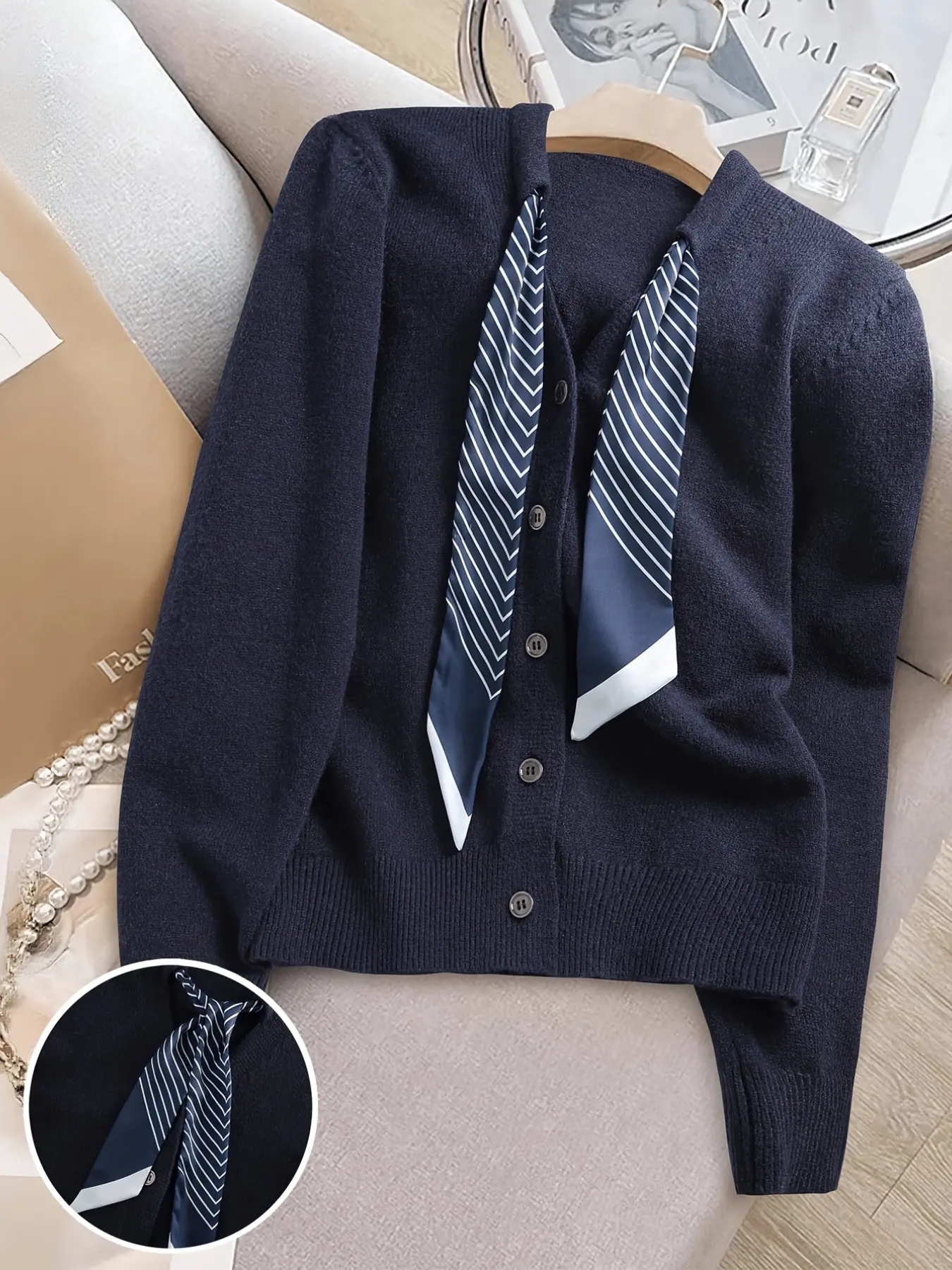 Women's Elegant College Style Scarf Tie Knit Cardigan, Solid V Neck Slim Fit Long Sleeve, Spring Fall Campus Streetwear Top
