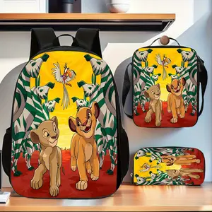 Lion King Simba Banana Young Jungle Leaf Pattern Warm Yellow Three-Piece School Bag Set, including backpack, insulated lunch bag, and pencil case, suitable for teenagers' daily school use
