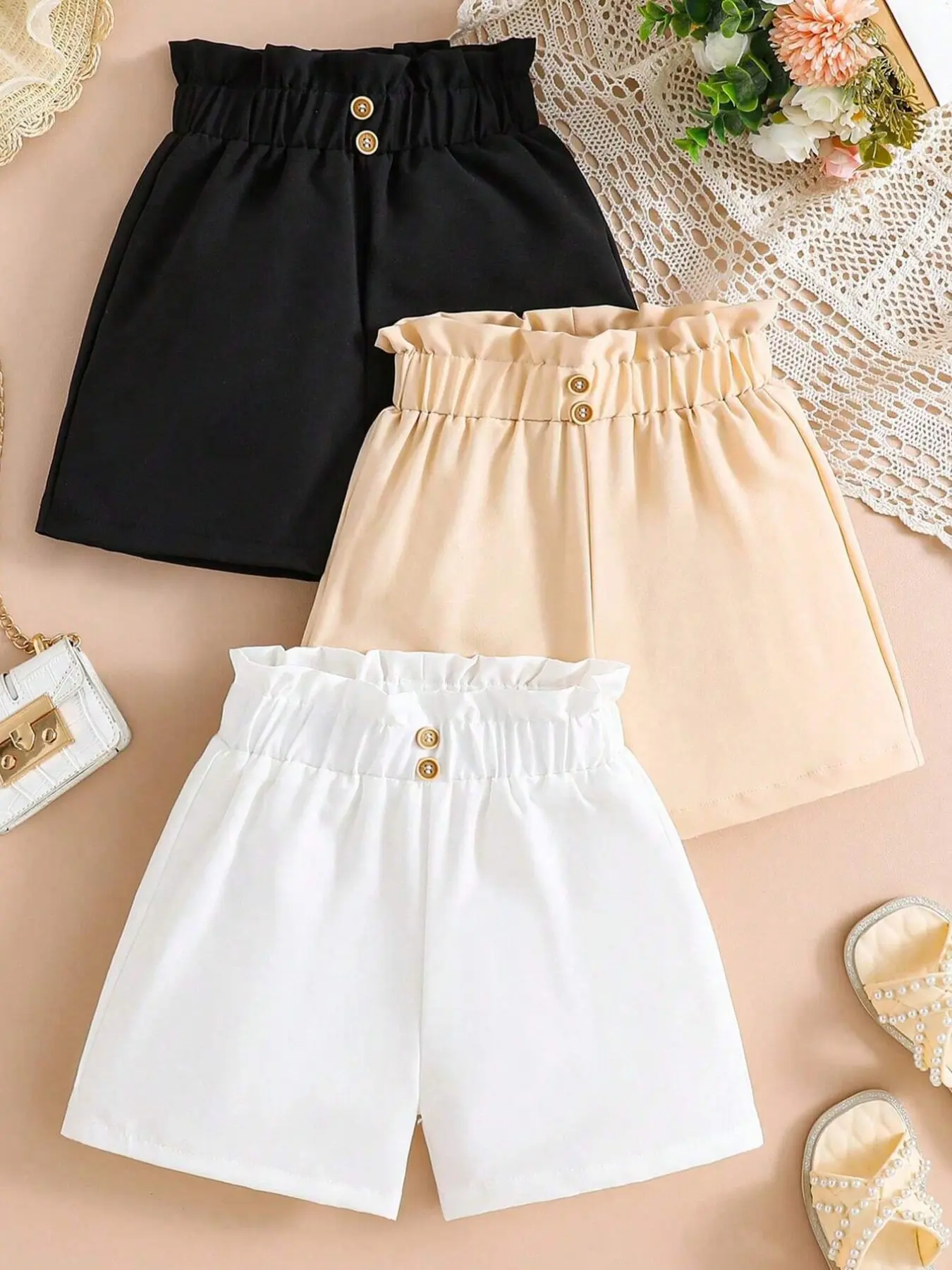Girls' //tan Casual Shorts, Summer Flower Waist A-Line Pants, 3-Pack, Slim-Fitting, Stripes Pattern, Kids Clothing