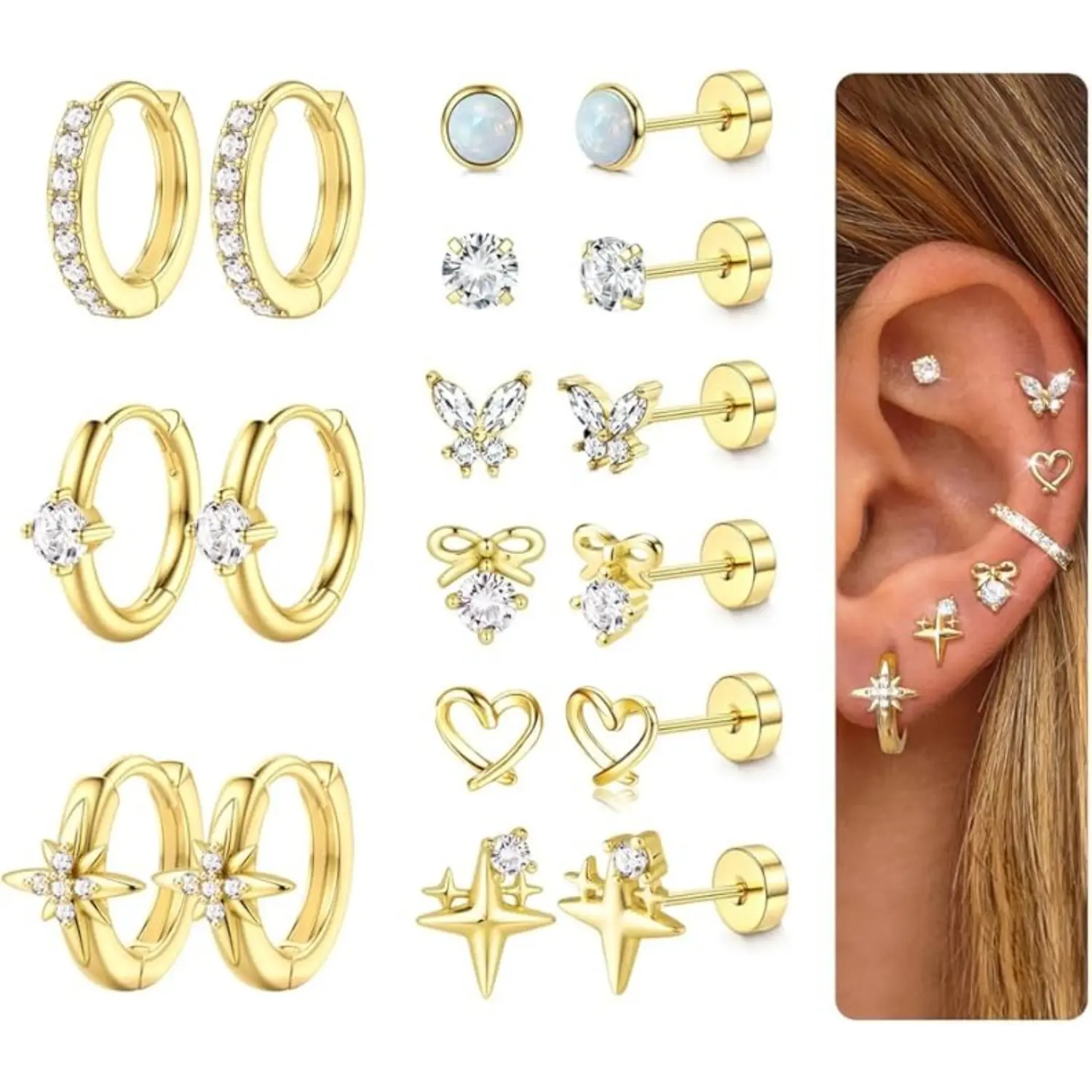 FIASASO Hypoallergenic Flat Back Earrings for Women Men Surgical Steel Earring for Sensitive Ears, 14K Plated Gold Stainless Steel Flatback Stud Hoop Cartilage Earring Stacks for Multiple Piercing