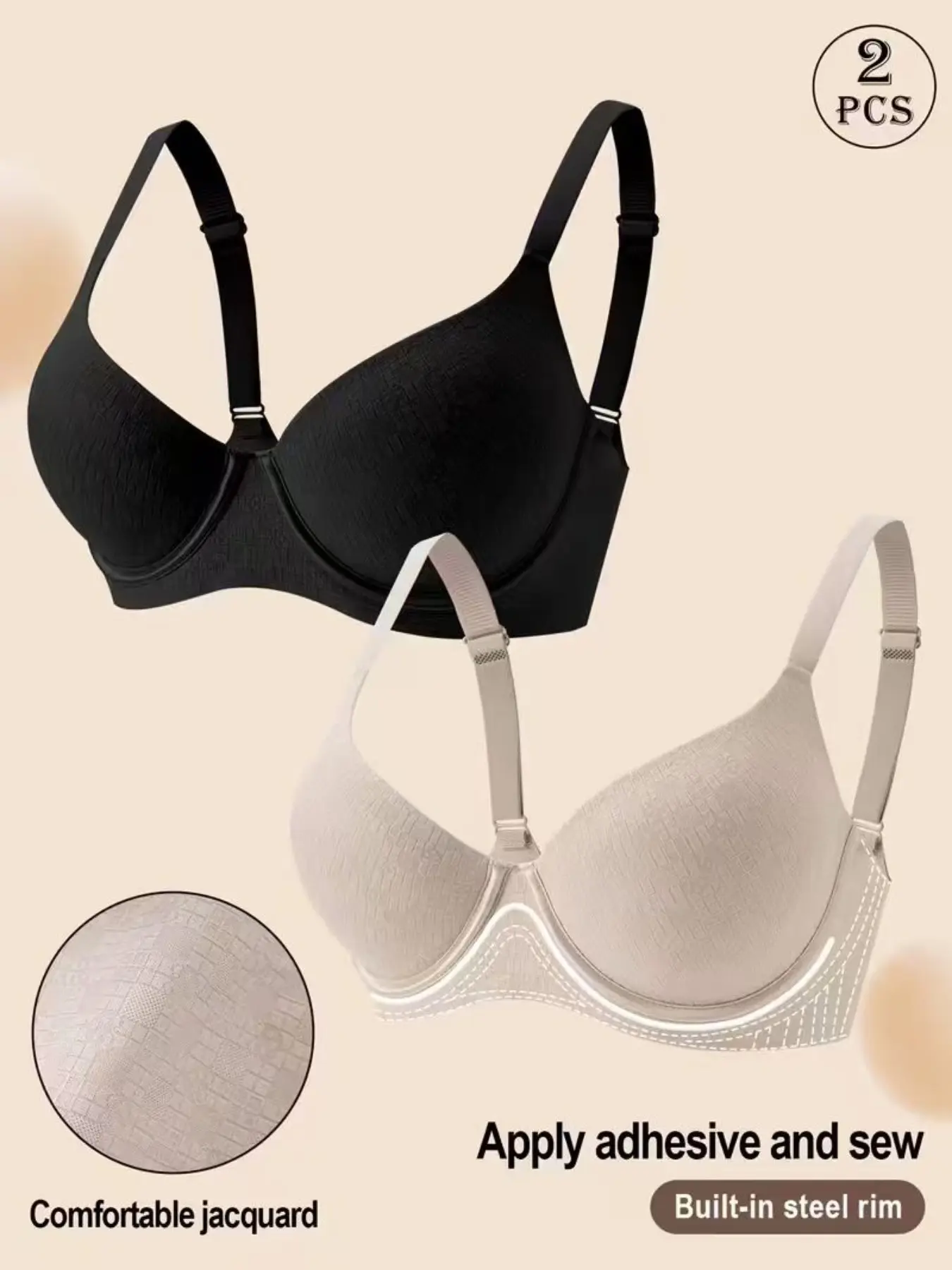 2pcs Women's Seamless Underwire Bras, Adjustable Straps, Soft Comfortable Casual Push-Up Bras, Daily Wear Lingerie, All Seasons