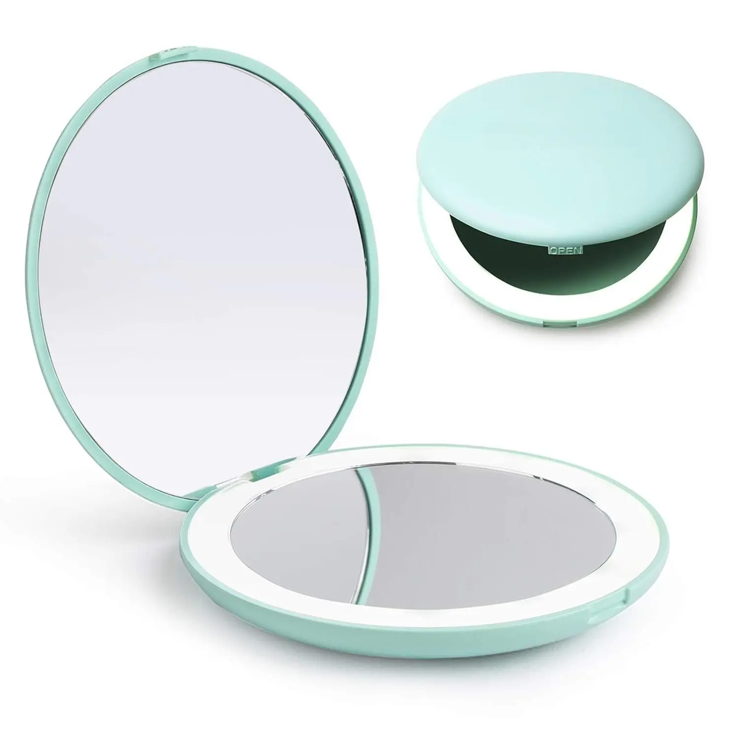 LED Lighted Travel Makeup Mirror, 1x/10x Magnification, Compact, Portable for Handbag, Purse, Pocket, 3.5 inch Illuminated, Folding, Handheld, 2-Sided, Round, Cyan