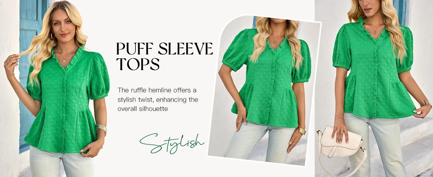 Fashare Womens Peplum Puff Sleeve Tops Dressy Casual Summer Textured Blouses V Neck Ruffle Pleated Shirts