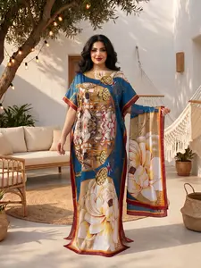 Women's Luxury Floral Print Kaftan Dress, Long Floor-Length Kaftan with Matching Scarf, Elegant Silky Flowing Beach Cover-Up & Evening Resort Wear