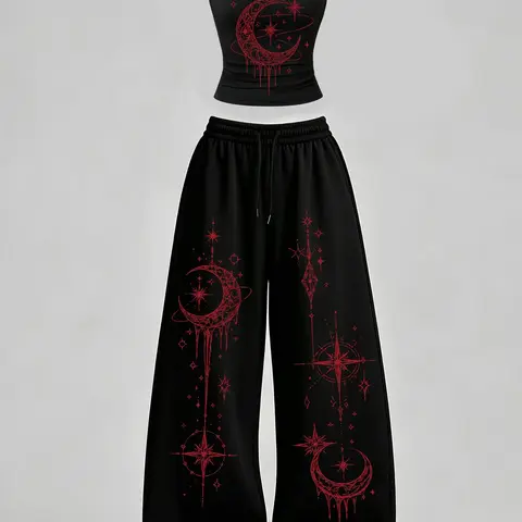 Women's Casual 2-Piece Set, U-Neck Slim-Fit Tank Top and Loose-Fit Pants, Y2K Celestial Moon & Star Print Outfit for Daily Commute, Campus & Home Wear Clothes