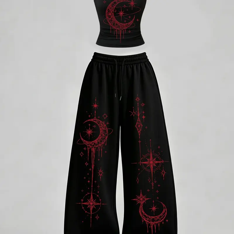 Women's Casual 2-Piece Set, U-Neck Slim-Fit Tank Top and Loose-Fit Pants, Y2K Celestial Moon & Star Print Outfit for Daily Commute, Campus & Home Wear Clothes