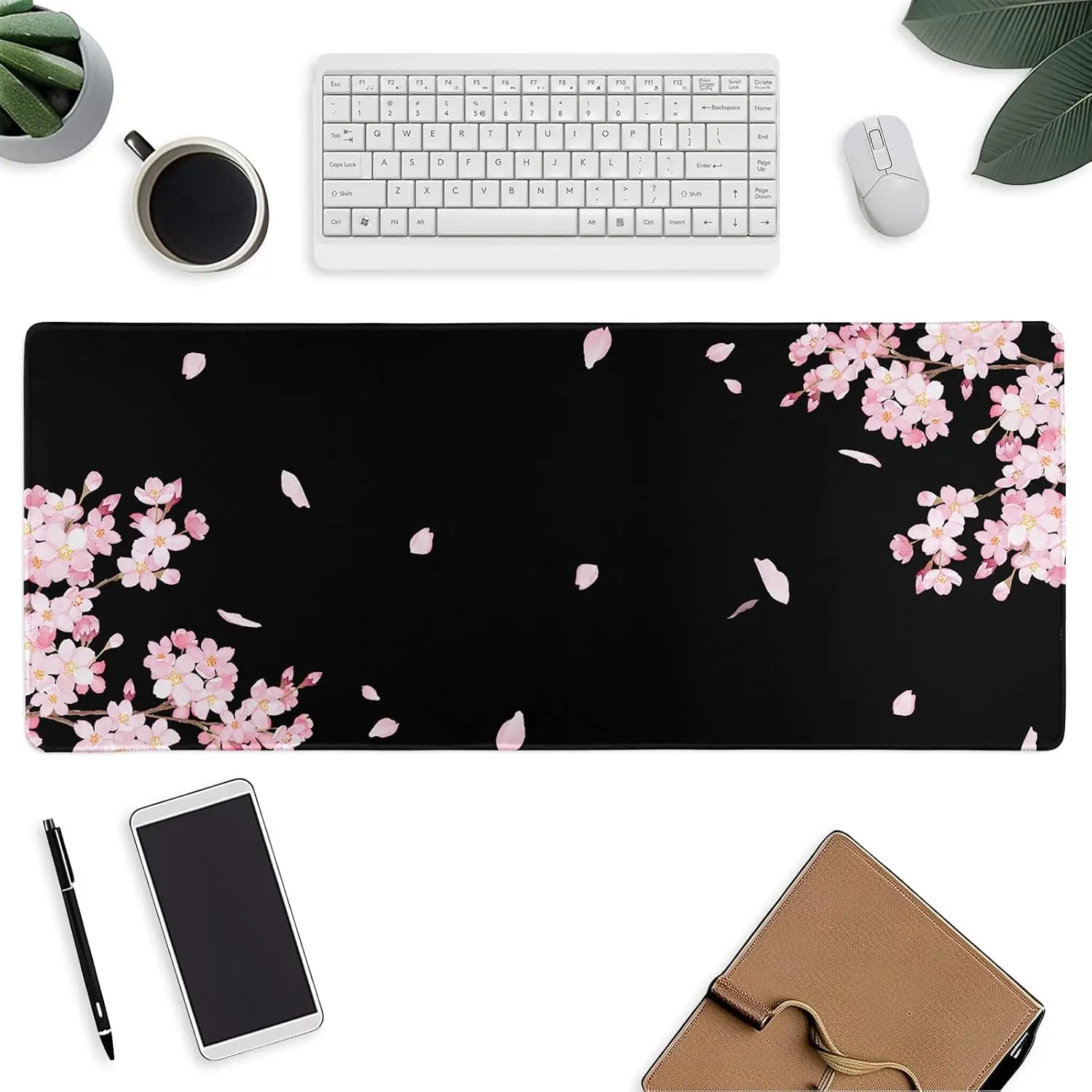 Cherry Blossom Large  Pad Gaming Extended Desk Pad with Stitched  and Non-Slip Rubber Base Keyboard Pad for Laptop Office and , 31.5 X 11.8 Inch