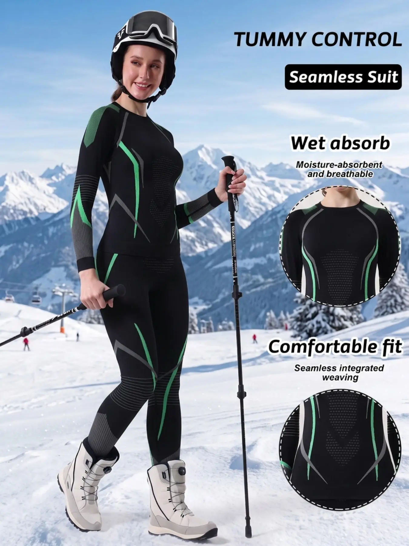 Women's 2pc Seamless Compression Ski Jacket and Pants Set, Quick-Dry Breathable Sportswear for Winter Skiing and Cycling