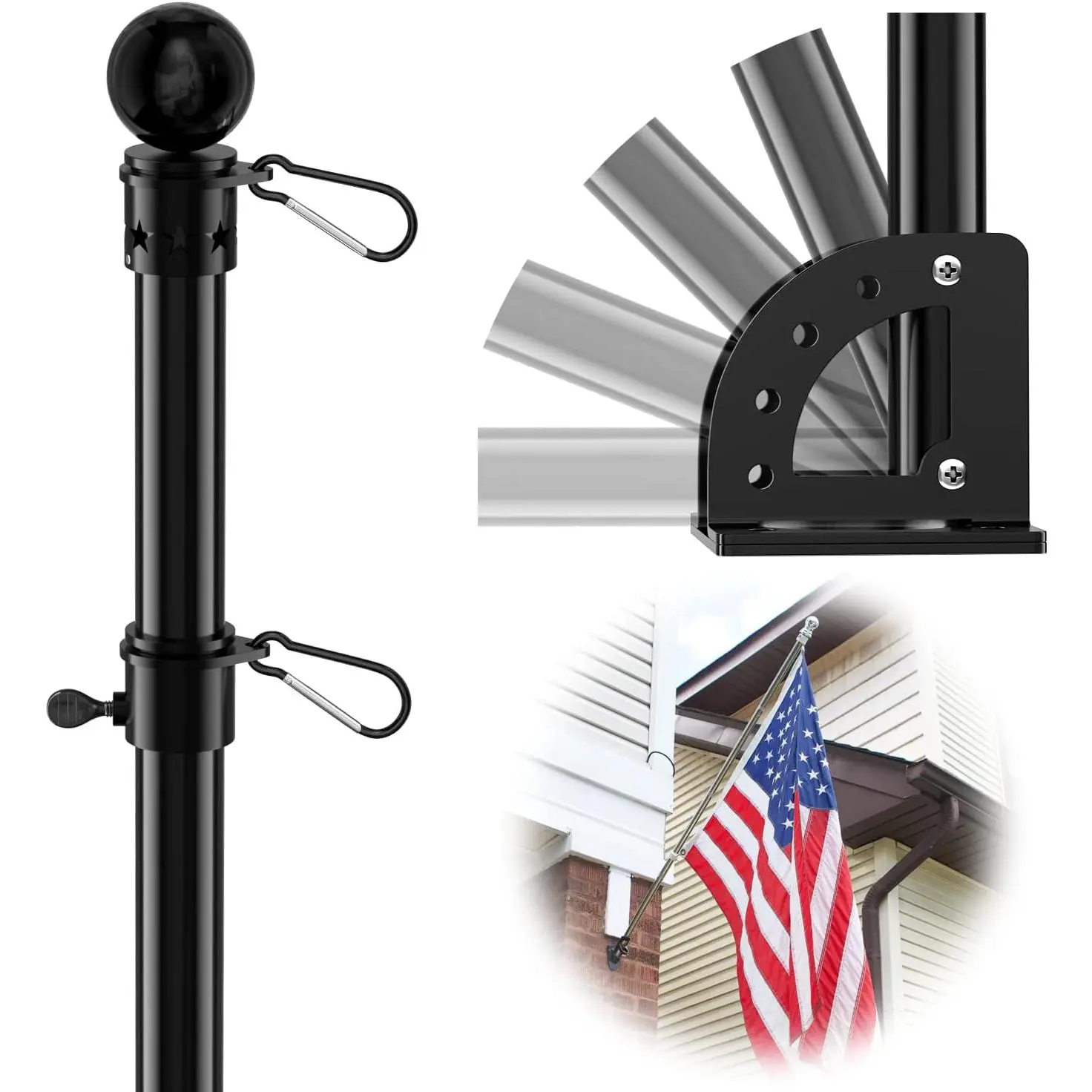 Flag Pole for House Outside with 5 Position Mounting Bracket, 5ft Stainless Steel Black Flagpole Kit for Commercial Outdoor Handheld Portable Carry Use, Heavy Duty  Free House Garden Flag Pole