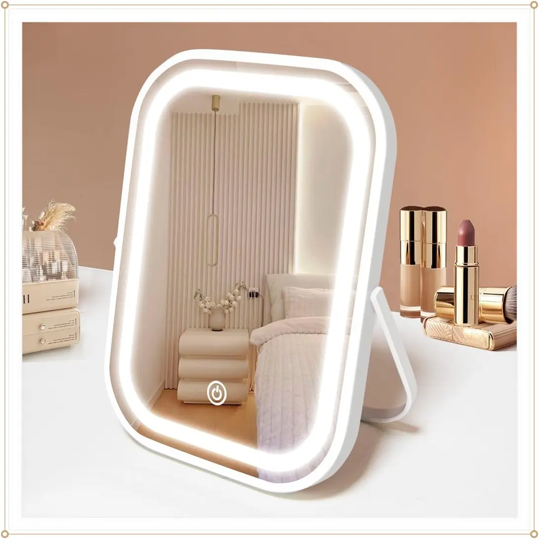 Travel Makeup Mirror with Lights, Portable LED Vanity Mirror, 1200mAh Rechargeable Battery, Dimmable Touch Screen, Foldable Tabletop Compact Mirror, Gift for WomenGift