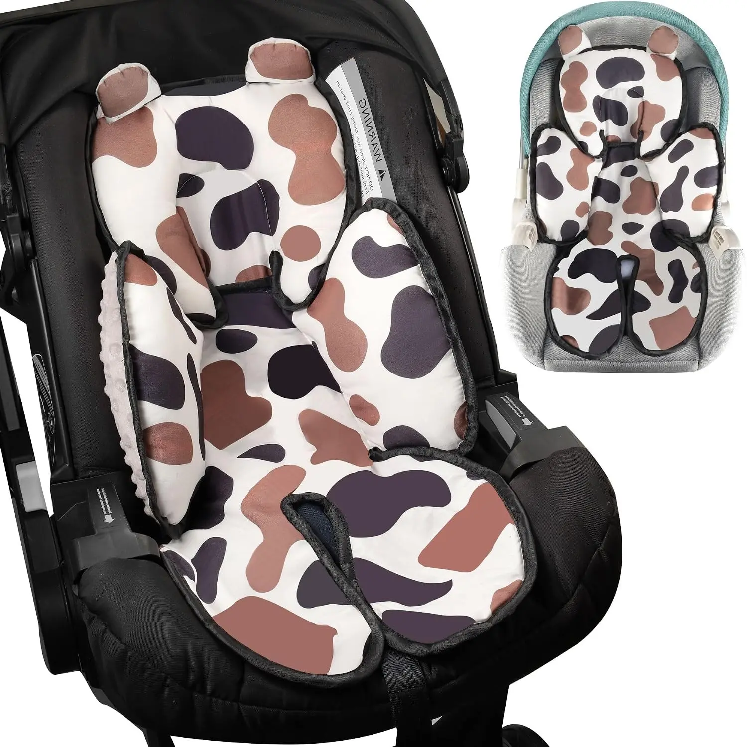 3-in-1 All-Seasons Baby Car Seat Head & Body Support, Natural Cotton Breathable Fabric U-Shaped Neck Pillow, Reversible Sides Cushion for Infant Stroller (Grey)