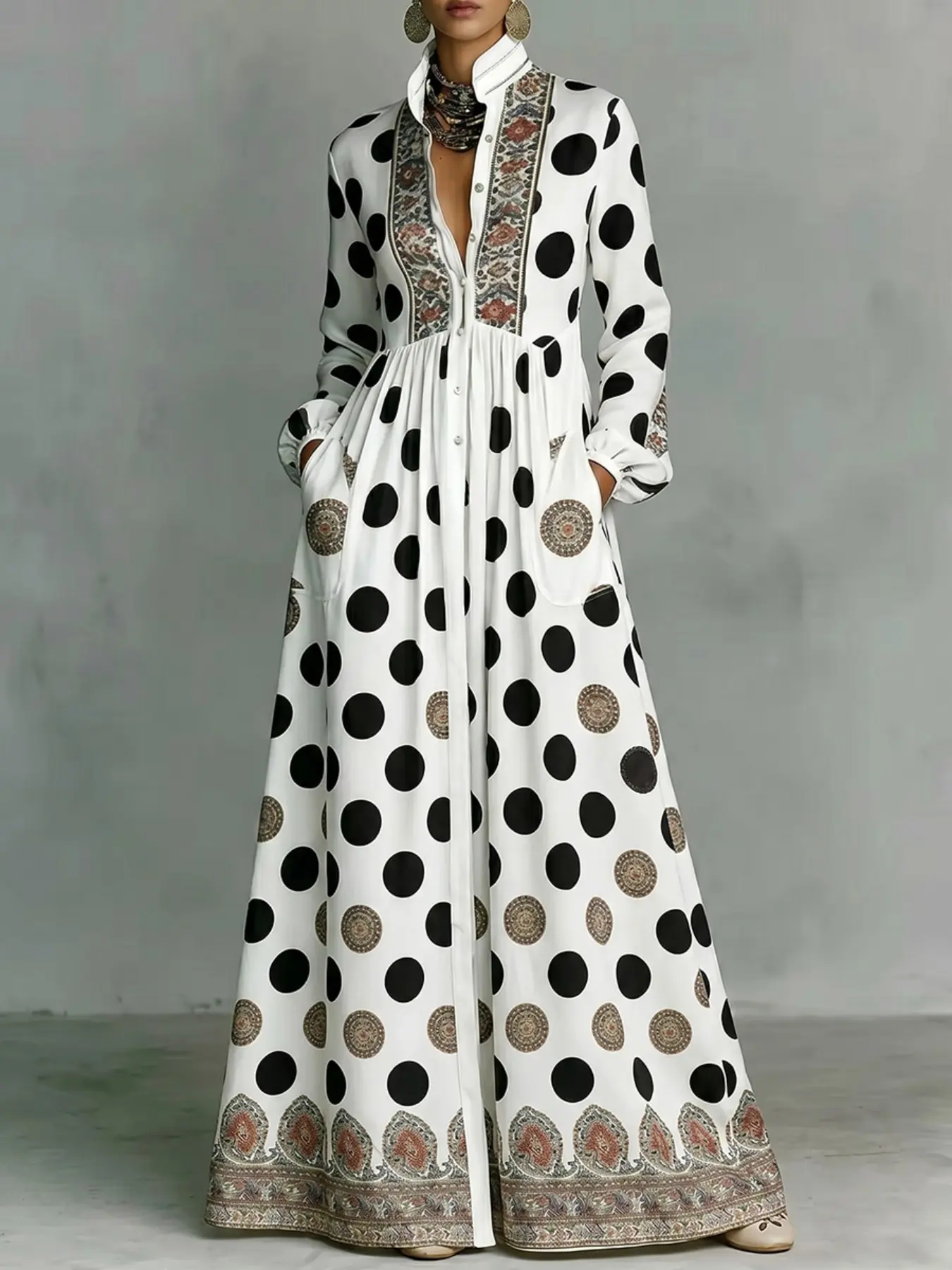 High-Waisted Long Sleeve Dress, Button Detail, Colorblock Patchwork, Pleated Design, Pocket Feature, Polka Dot Pattern, Stand Collar, Long Style