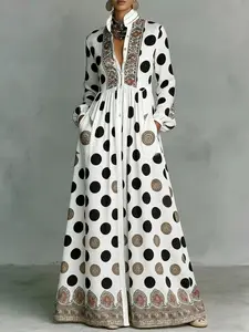 High-Waisted Long Sleeve Dress Women, Button Detail, Colorblock Patchwork, Pleated Design, Pocket Feature, Polka Dot Pattern, Stand Collar, Long Style