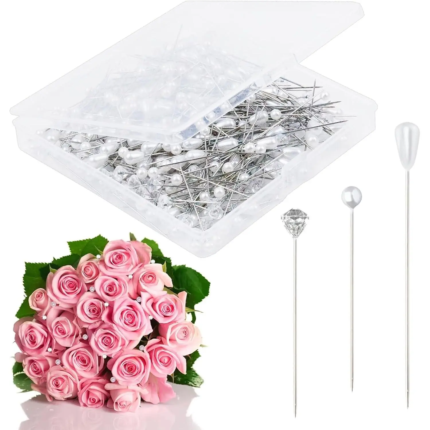 300PCS 3 Styles Floral Bouquet Pins Pearl Diamond Boutonniere Pins with Storage Box for Wedding Corsage Dressmaking Sewing Flower Decoration Craft Accessories