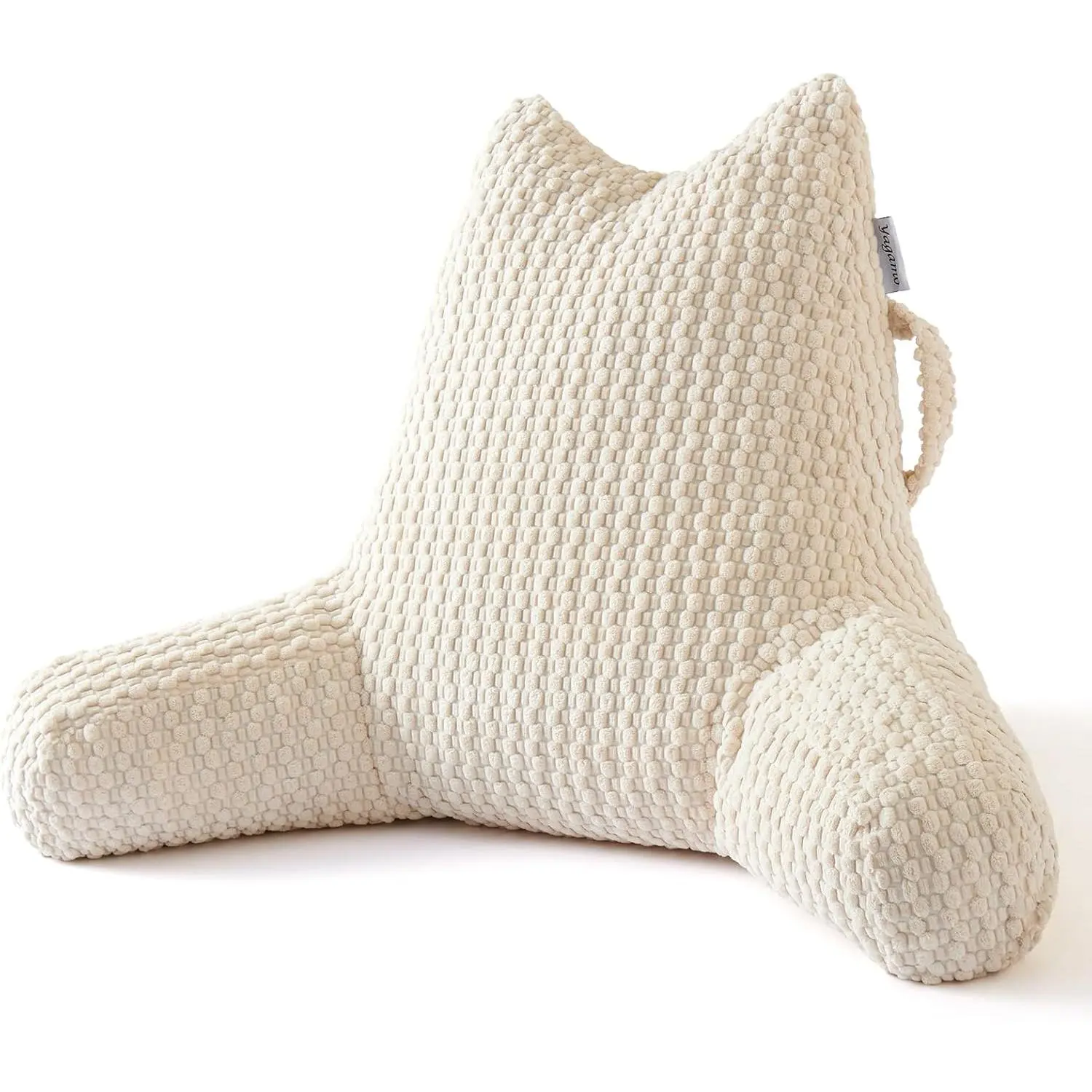 Standard Reading Pillow for Bed Sitting Up, Backrest Pillow with Shredded Filling, Back Cushion, Bed Rest Pillow with Arms, Pockets and Washable Cover-Beige