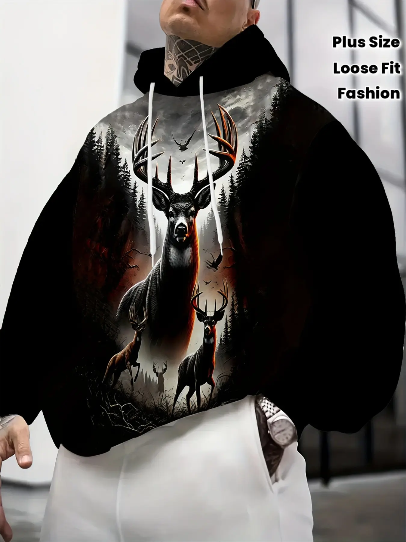 Men's 3D Deer Forest Print Hoodie, Loose Fit Long Sleeve Sweatshirt, Casual Asymmetrical Design, Fall & Winter Fashion