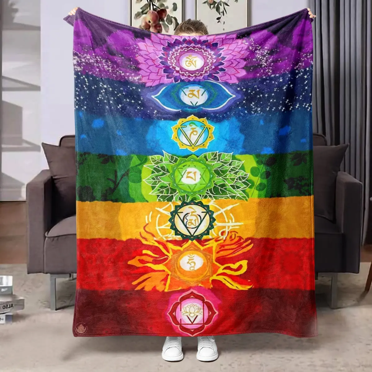 1pc Vertical 7 Chakra Spiritual Symbol Yoga Fleece Blanket, full set of chakra mandalas from Crown Chakra down to Root Chakra, rainbow gradient layers decorated with lotus, leaves and flame patterns, boho spiritual meditation healing style. Soft warm thro