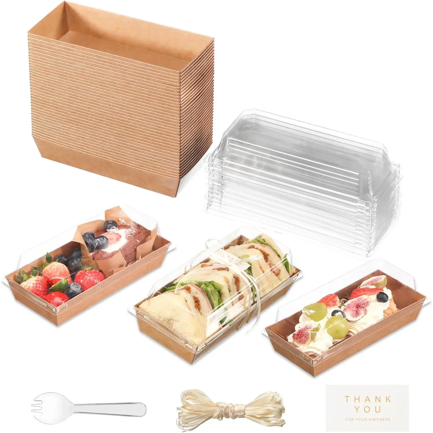 50 Pack Small Charcuterie Boxes with Clear Lids and Forks, Disposable Mini To Go Paper Food Containers, 5Inch Brown Dessert Boxes for Cookie Cake Slice Strawberries