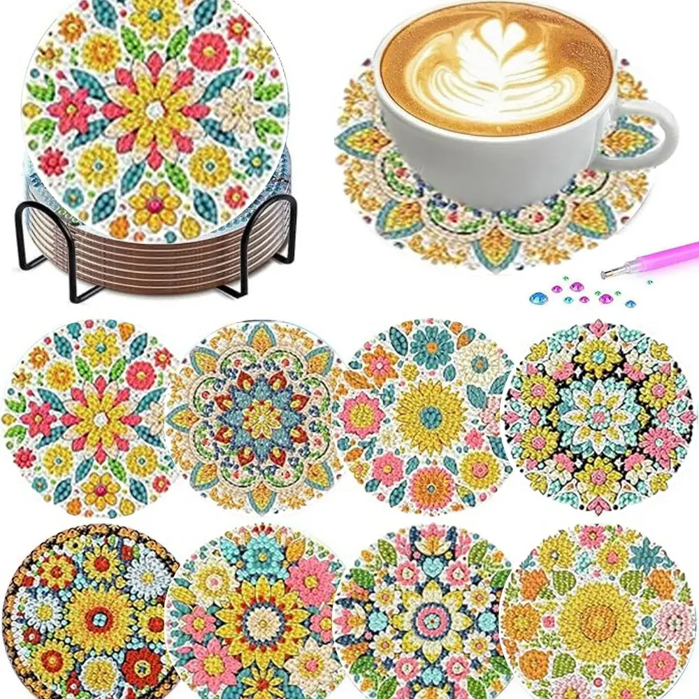 8 pieces/set of diamond painted coasters set Mandala patterned coasters (with holder) - DIY diamond art craft kit for home decoration beginners, diamond craft supplies, artificial diamond art craft supplies gifts