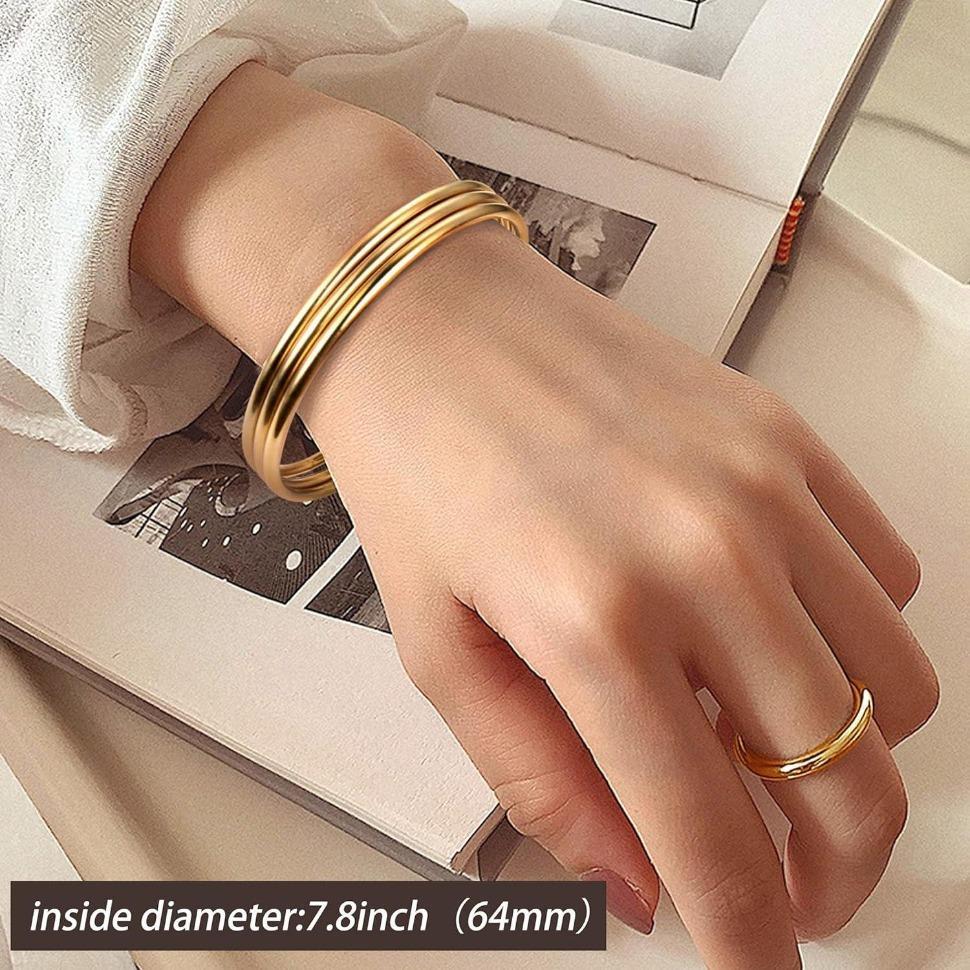 FINREZIO 3PCS Stainless Steel 3mm Bangles for Women Bangle Set Stackable Glossy Thin Round Bangle Bracelet Daily Layered bracelet charm bracelet charm bracelets