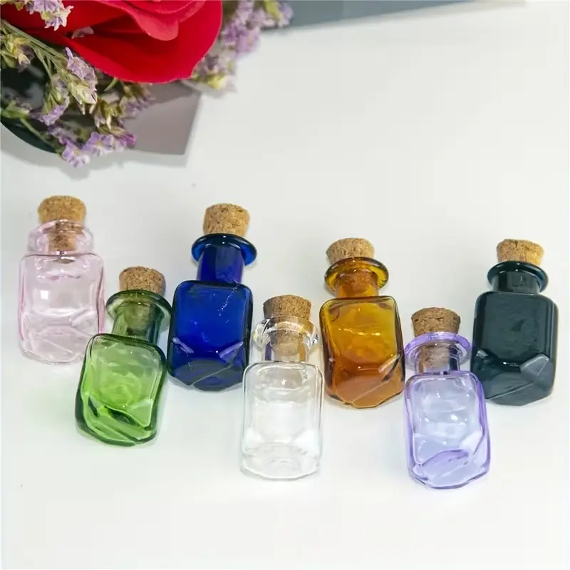 7pcs Mini Square Colored Glass Bottles with Cork Stoppers, Wishing Drift Bottle, DIY Pendant Potion Jars, Creative Handmade Storage Ornament