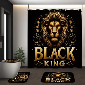 LVRLVR 4Pcs "Black King" Golden Lion Print Black Gold Tone Shower Curtain Set 70.8×70.8 Inch