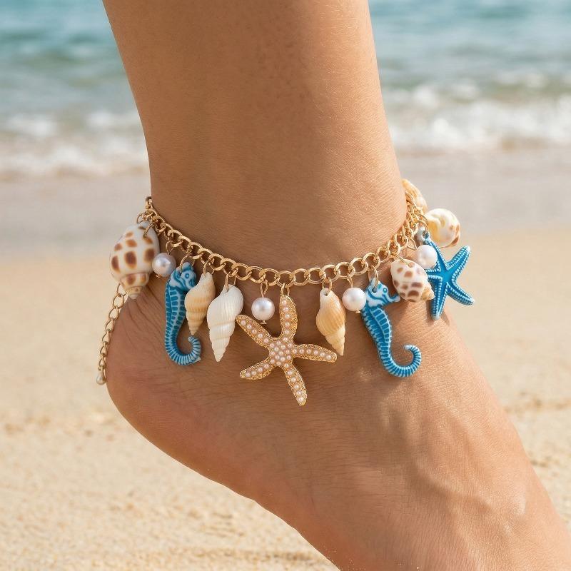 Boho Beach Anklet with Seahorse Starfish Shell Charms, Gold Chain Summer Foot Jewelry with Pearl Accents, Ocean Themed Ankle Bracelet for Women Vacation Gift