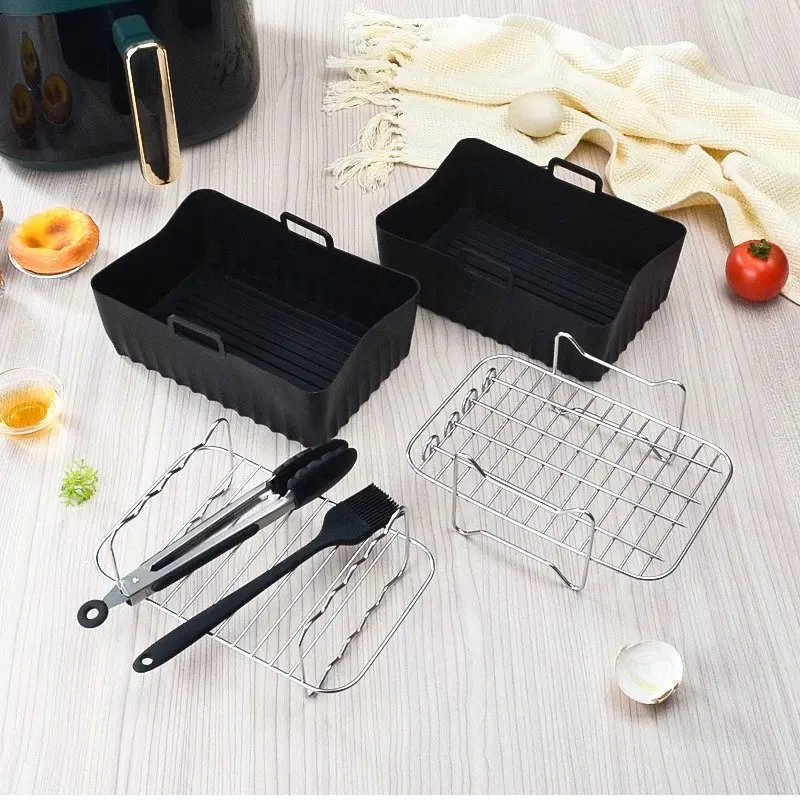 Air Fryer Accessories Kit, Reusable Non-Stick Silicone Liners, Stainless Steel Grill Rack, Food Tongs, Oil Brush, Skewer Sticks, Multi-Purpose Baking Tools