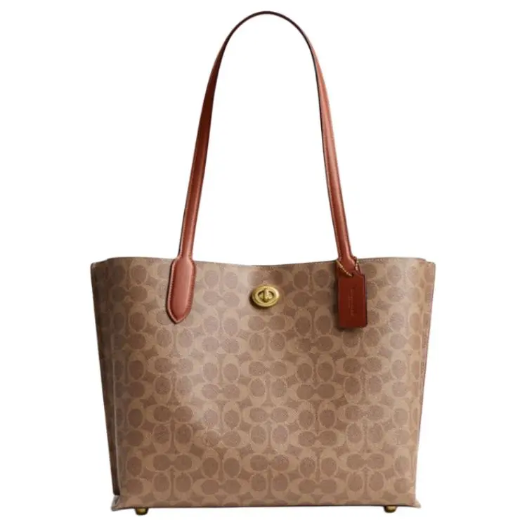 COACH Willow 34 Printed Logo Coated Canvas Tote Bag for Women, Large Shoulder Bag in Brown