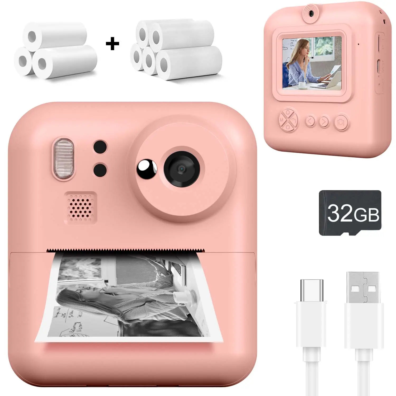 Children's Instant Printing Digital Camera - 1080P HD Screen, 1300mAh Battery, ABS Plastic, SD Card Compatible, USB Cable Included, Built-in Flash, Single Unit, Ideal 6-12 Age Gift for Boys & Girls' Birthday/Christmas Selfies