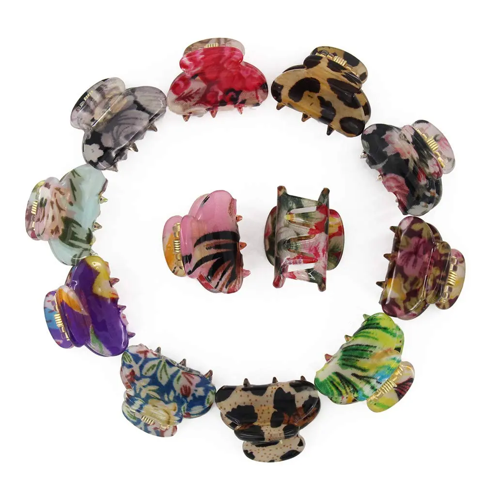 Mini 1.2 inch Plastic No-Slip Grip Jaw Hair Clip,Floral Printed Small  Hair Claw Clips for Girls and Women,Pack of 12