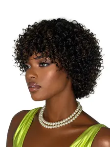 Human Wigs P1B/30 Short Water Wave Wig with Bangs 100% Brazilian Virgin Human Hair Wig Wet and Wavy Machine Made Glueless for Black Women Natural Black with Dark Brown 8 inch
