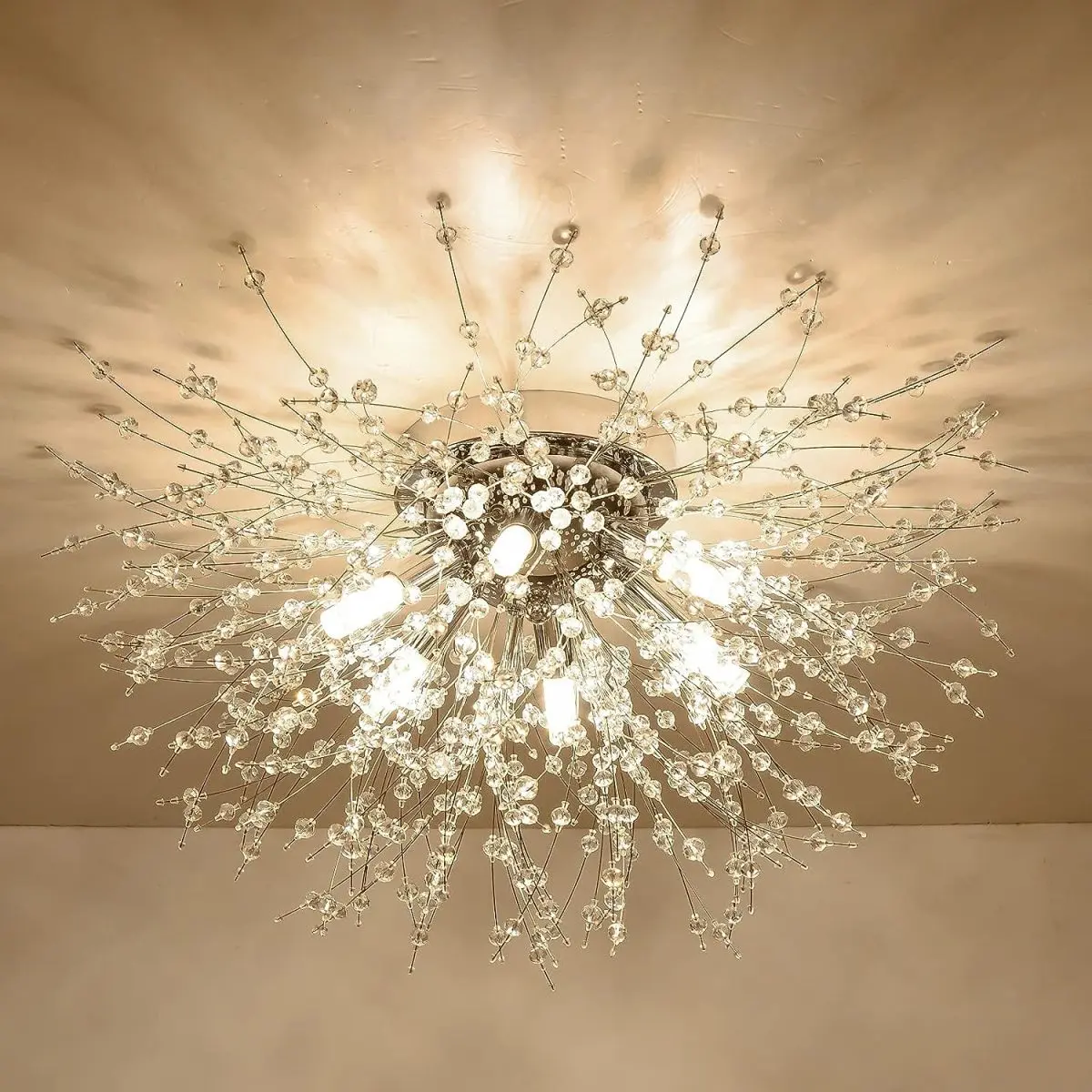 Golden Round Flush Mount Ceiling Light, 8.86x7.09x7.28in Crystal Firework Lamp with 6 G9 Sockets, Hardwired Modern Decor for Bedroom, Kitchen, Crystals, Soft Glow, Covered Areas