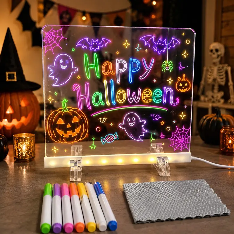 LED Glow Message Board, USB Powered Drawing Board, Professional Art Use, 7 Color Fluorescent Pens, Cleaning Cloth Included, Halloween Christmas Decor