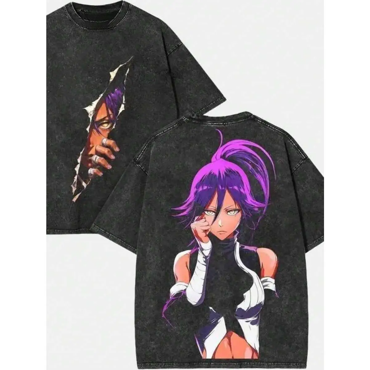 Washed Vintage Bleach Anime Merch T Shirt Front Back Yoruichi Shihouin Crack Portrait Graphic Short Sleeve Unisex Crew Neck Tee Lightweight Streetwear Ideal For Casual Gathering Music Festival Attire