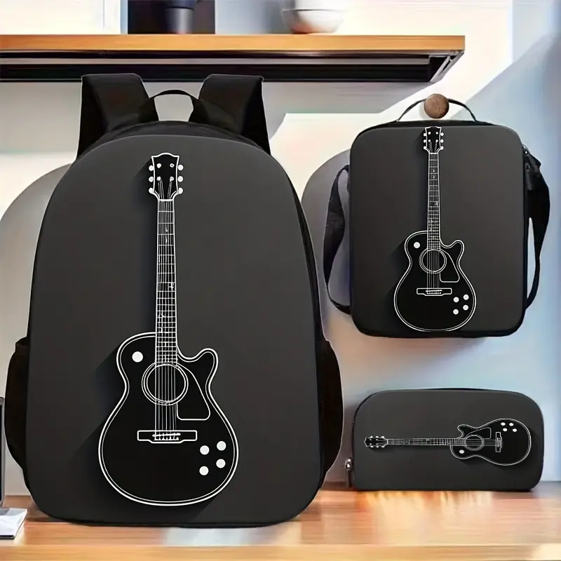Unisex 4-in-1 Musical Theme PVC-Backed Oxford Cloth Violin Print Backpack Set (3pcs) - Polyester, School Use, Tablet Slot, Bar Stitching Reinforced, Durable, Widened Shoulder Straps, Includes Lunchbox & Pencil Case, Sports, Travel, Casual