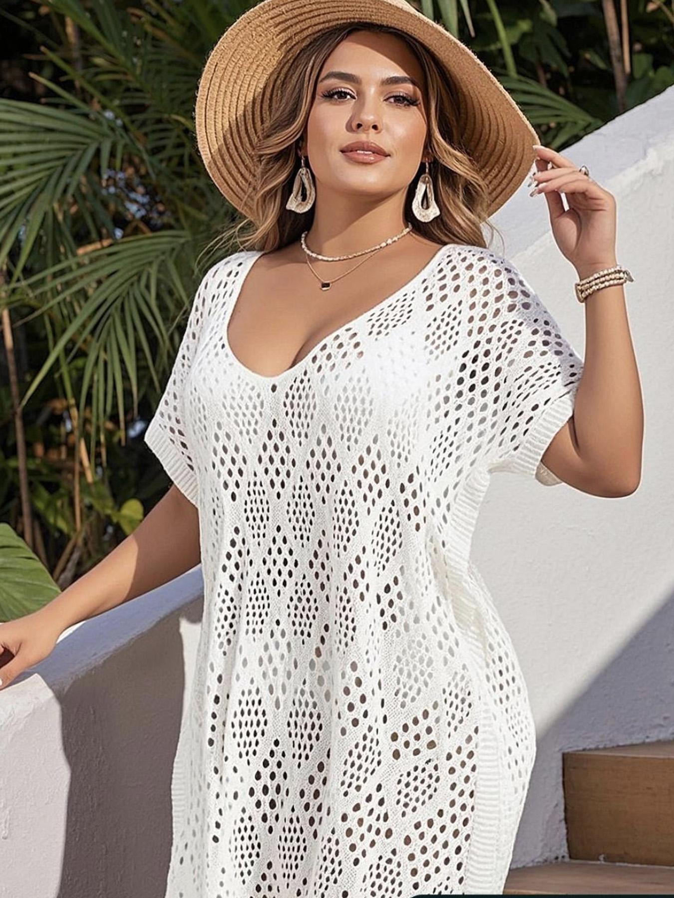Elegant V Neck Crochet Beach Dress, Sexy Elastic Acrylic Hoodie, Side Slit, Spring Summer Fall, Vacation
