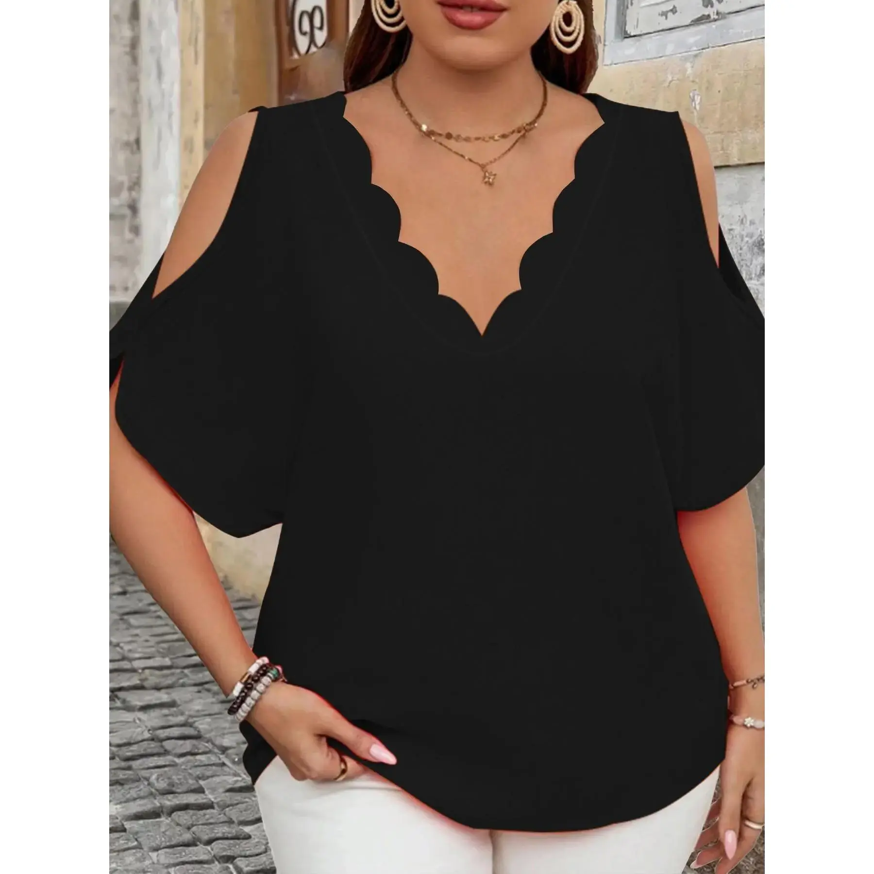 【Plus Size】 Solid Wave Print V Neck Tee, Elegant Fashion Casual Short Sleeve T-shirt for Daily Outdoor Wear, Women Plus Clothing for Summer, Top