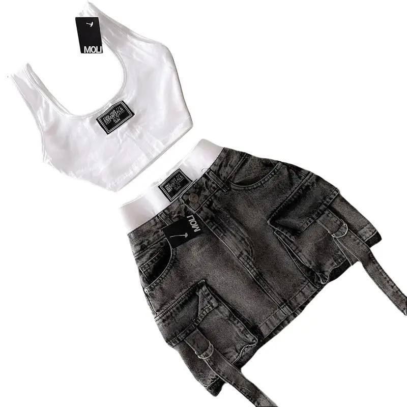 Matching Sets Women 2 Peice New Fashion Straps Casual Multiple Pockets Denim Skirt Sets Goth Womens Versatile Strap Streetwear  Womenswear Clothes Button Jeans Seamless