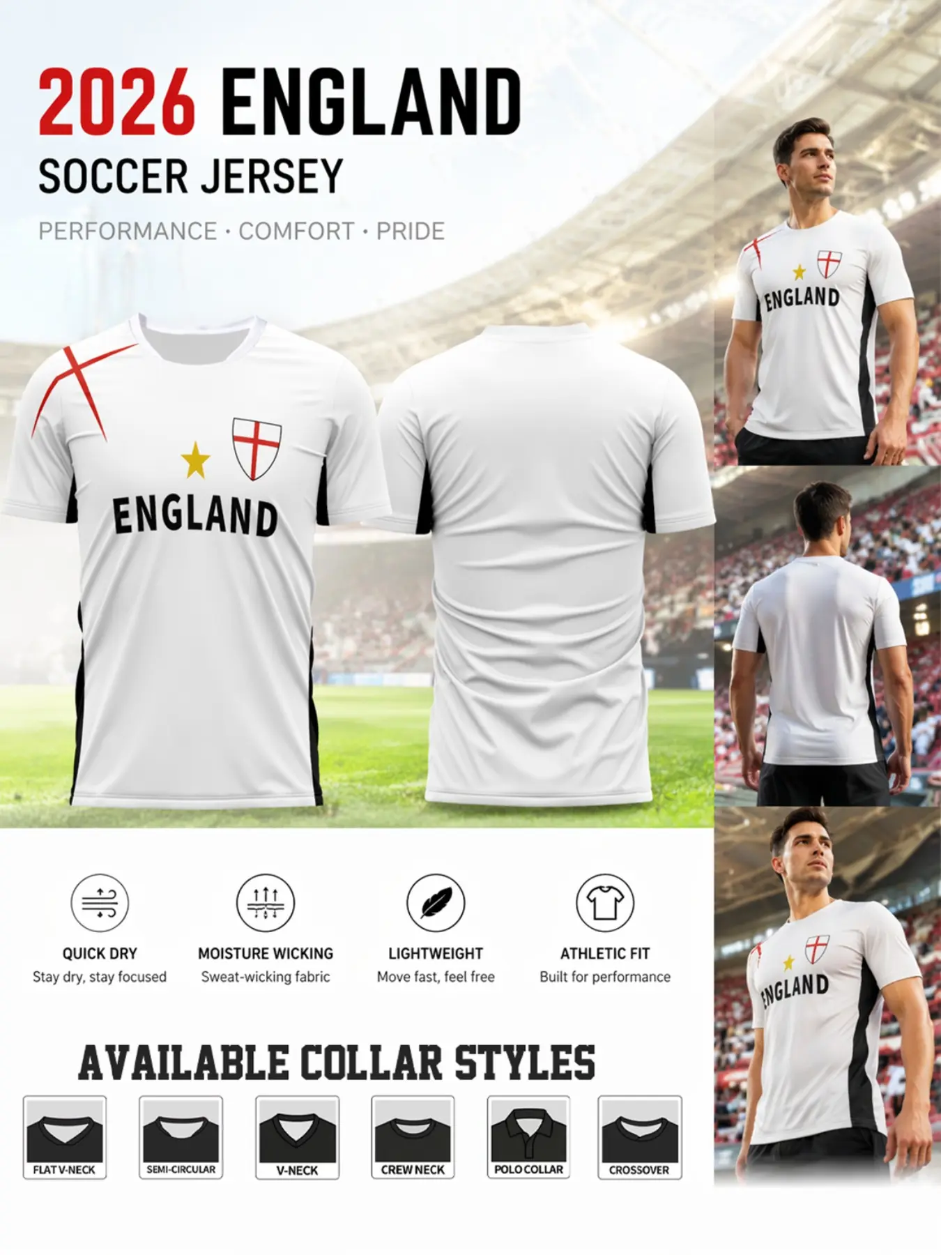 2026 England Soccer Jersey, Saint George Cross Minimalist Football Shirt, Breathable Quick-Dry Sportswear, Lightweight Durable Training Top, Breathable Athletic Top
